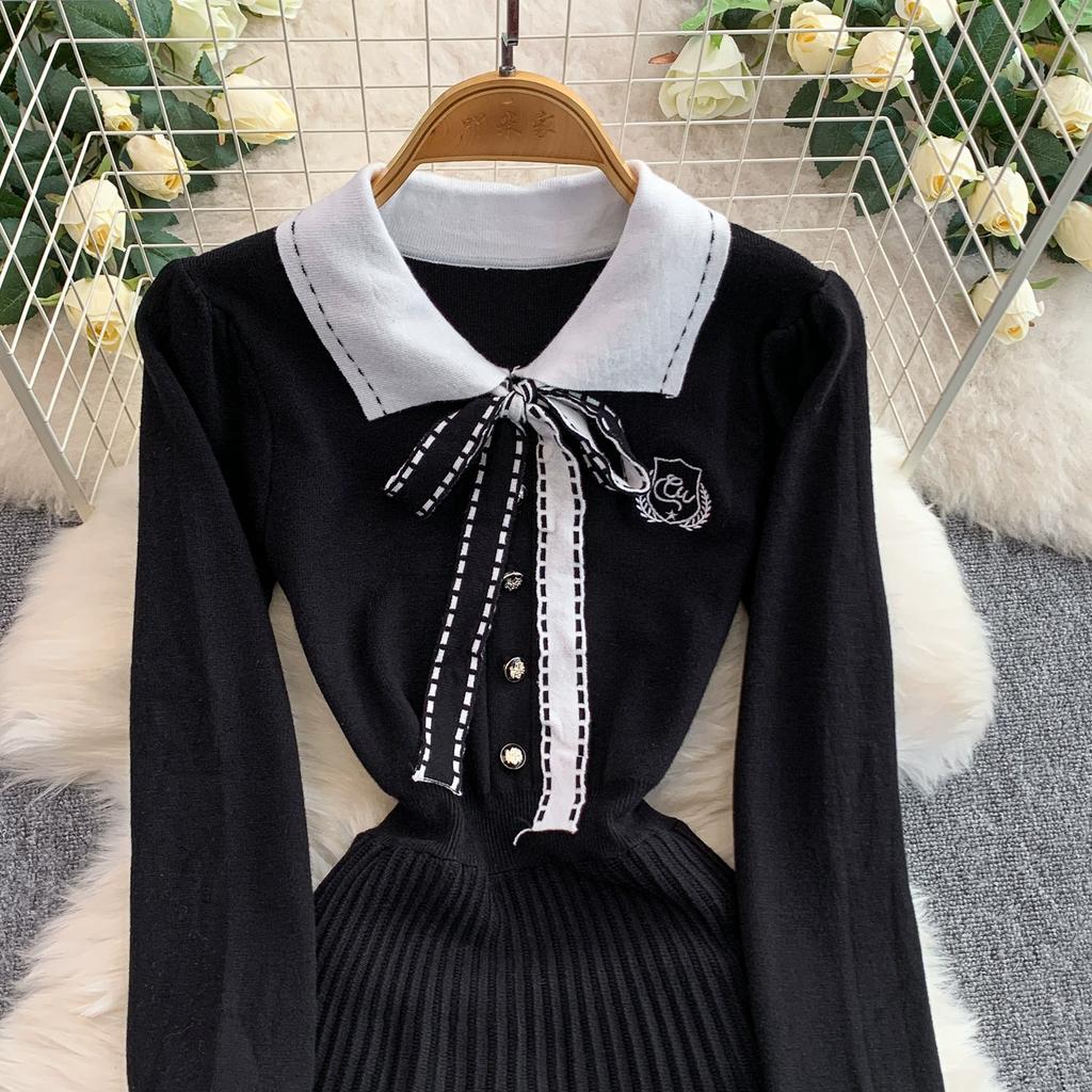 Spring Autumn Women College Stle Polo Color Full Sleeve Bowtie Knitted Sweater Mini Short Pullover Pleated Dresses