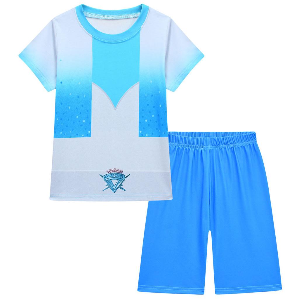19820 Kids Girls Princess Print Short Sleeves T-Shirt Top Shorts Blue Sets