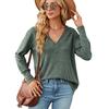 Autumn Winter Solid Color V-neck Loose Long Sleeve Button Up T-shirt Top for Women's Clothing