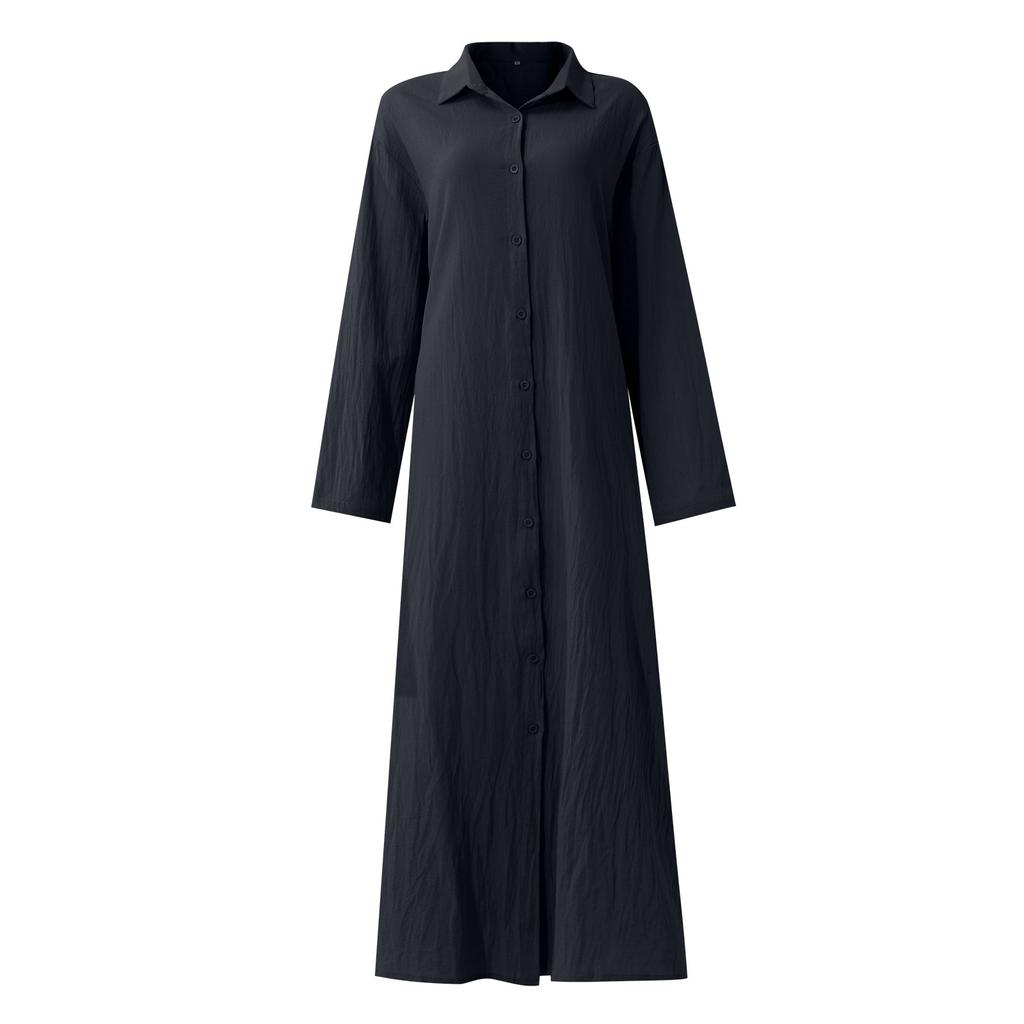 Женское повседневное хлопково-льняное однотонное свободное длинное платье-рубашка