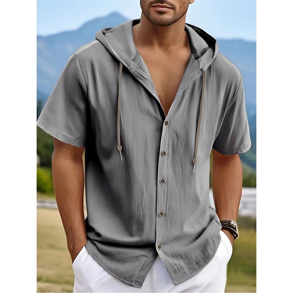 Мужская рубашка с капюшоном из хлопка и льна, дышащая, легкая, летняя, с коротким рукавом, однотонная, стильная, мужской повседневный топ