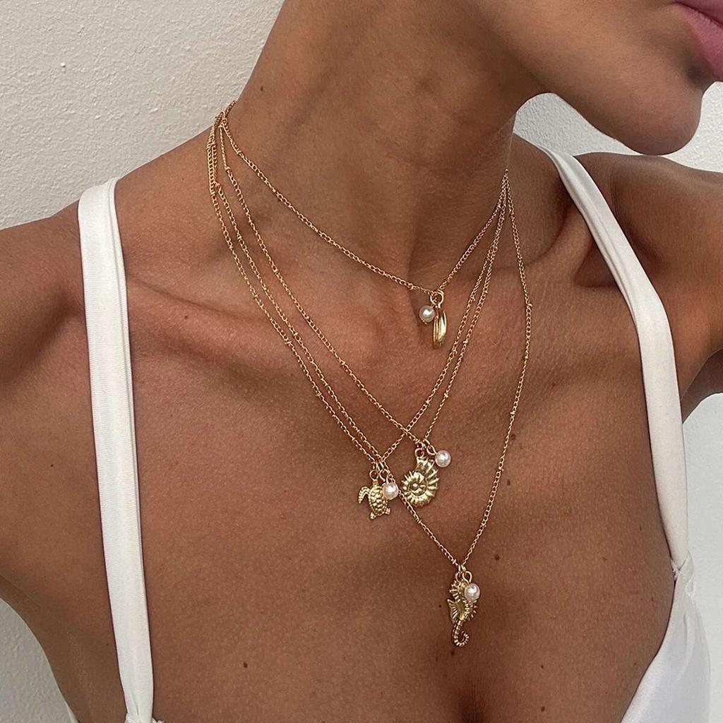 Salircon 4Pc/Set Boho seahorse Sea Turtle Pendant Necklace Women 2026 New Summer Conch Imitation Pearl Charms Chain Jewelry