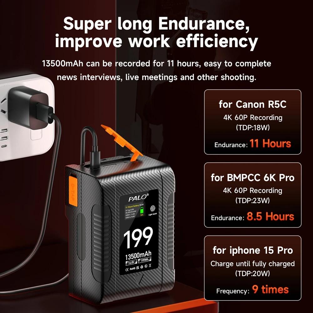PALO Аккумулятор V Mount V-Lock 199 Втч BP Аккумулятор С кабелем PD 65 Вт для видеокамеры Sony, вещательного видеосвета, Blackmagic URSA