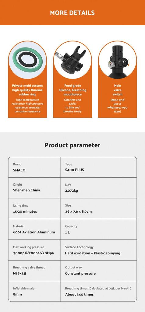 SMACO S400 Plus 1L Mini Scuba Diving Balloon для 15-20 минут использования Time Легкий и портативный комплект для дайвинга - зеленый