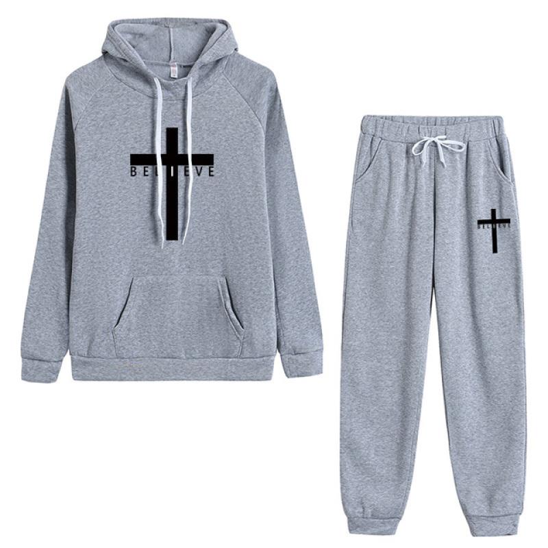 Jesus Crucifix Faith Printed Pant Sets Women Hoodie Sweatpants Solid Color Tracksuit Ladies Daily Casual Sport Jogging Suit