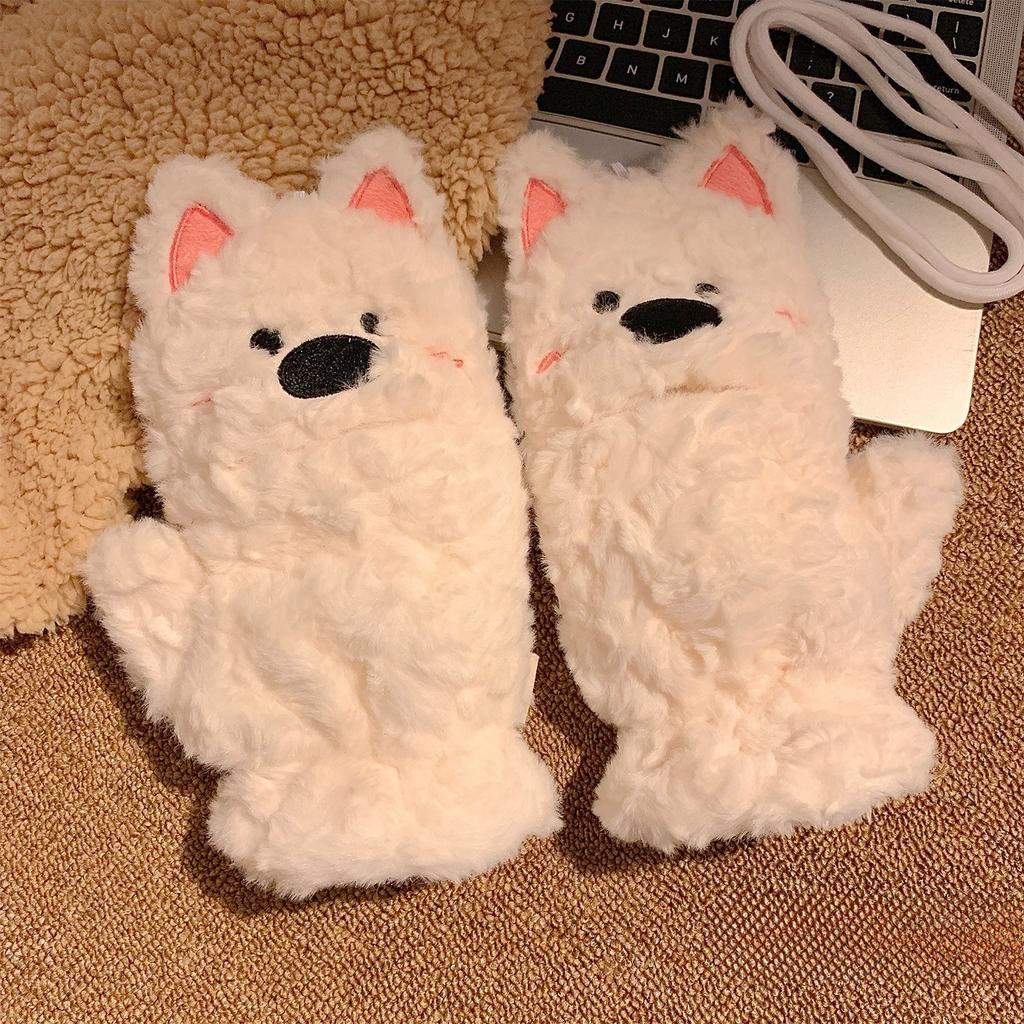 Cute West Highland Plush Flip Fingerless Touch Screen Gloves for Women Winter Warmth Student Writing and Antifreeze New Style