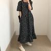 Women's Retro Floral Loose Slimming Black Crew Neck Short Sleeve Long Dress