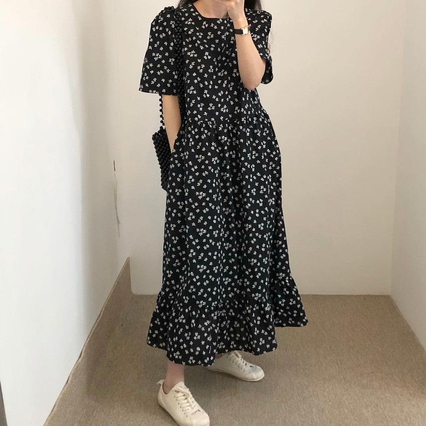 Women's Retro Floral Loose Slimming Black Crew Neck Short Sleeve Long Dress