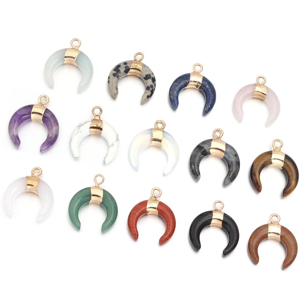 2pcs/lot Moon Shaped Natural Gem Stone Pendant Black Agate Lapis Lazuli Amethyst Charms For Jewelry Making DIY Necklace Earrings