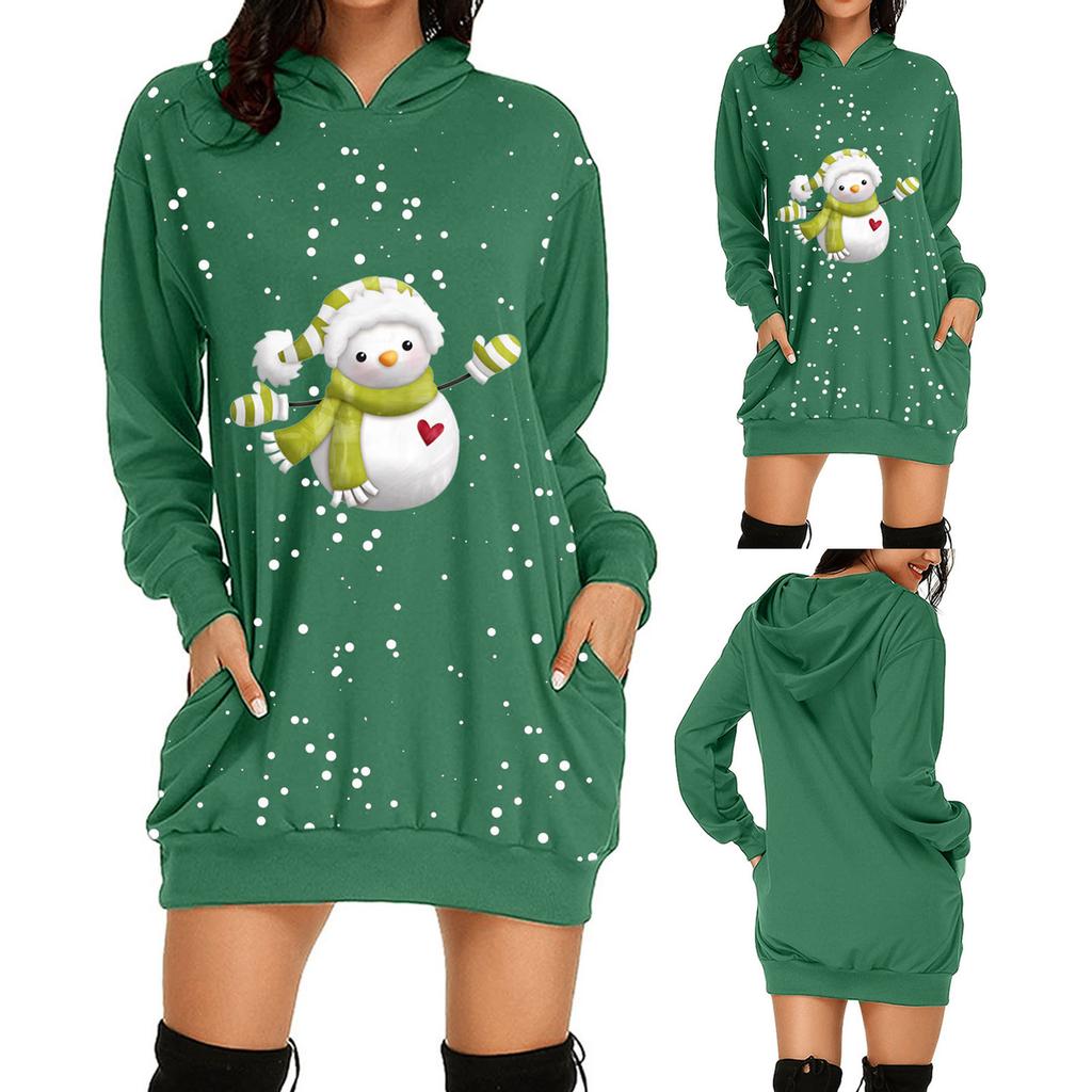 Women's Fashion Christmas Snowman Hoodie Bag Hip Pocket Print Hoodie Dress