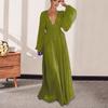 Women Evening Dress Deep V Neck Pleated Long Sleeves Solid Color High Waist Vacation Beach Party Maxi Dress