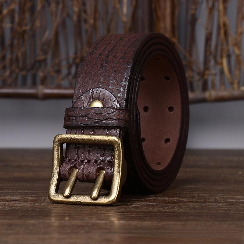 Ремень мужской в ​​корейском стиле, ретро, ​​потертый, модный, уникальный, с двойной иглой, латунная пряжка, натуральная кожа, джинсовый ремень из натуральной яловой кожи