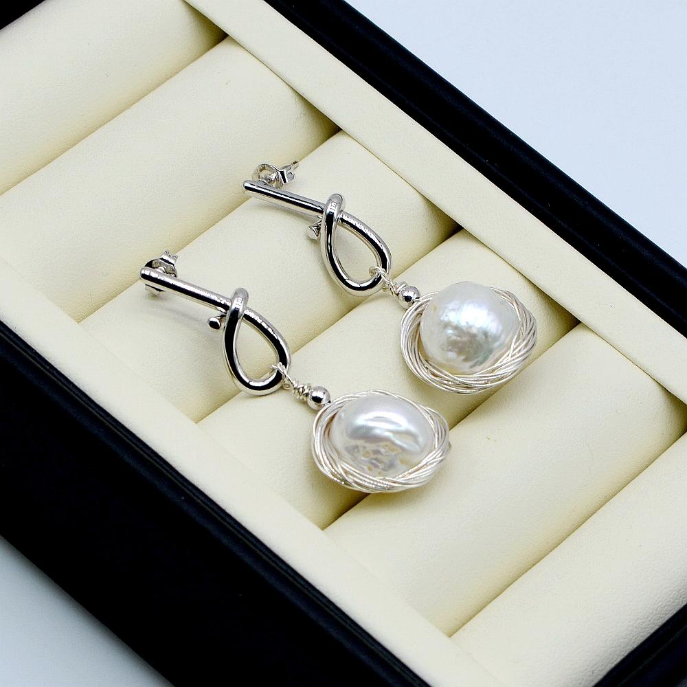 Жемчужные серьги, серьги из стерлингового серебра с натуральным жемчугом в стиле барокко, женские серьги ручной работы из стерлингового серебра с плетеным дизайном