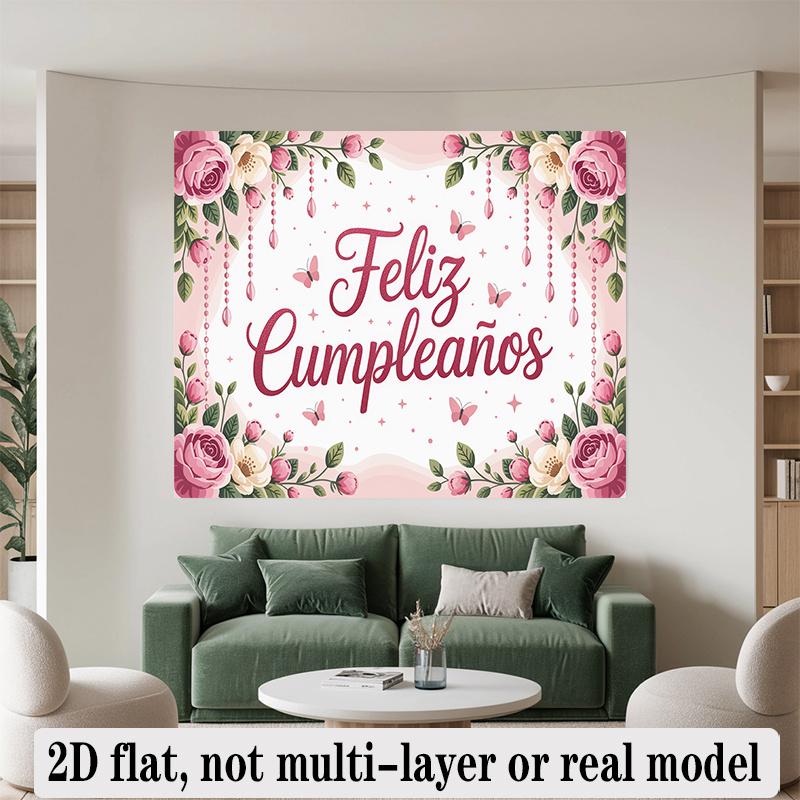 Happy Birthday Floral Theme Pink Design, 1pc Polyester Party Backdrop Banner, Photo Booth Background, Wall Decor