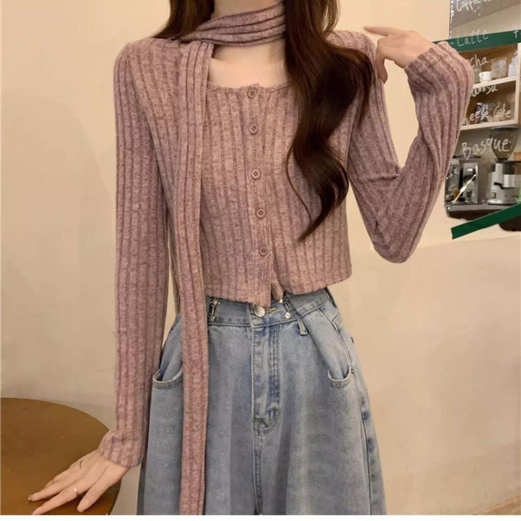 Короткий кардиган французской вязки: Утягивающий, модный длинный рукав с шарфом и квадратным воротником