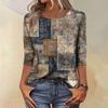Trendy Vintage 3/4 Sleeve Top For Women,Ladies Casual Three Quarter Sleeve Round Collar Printed T-Shirt Blouse
