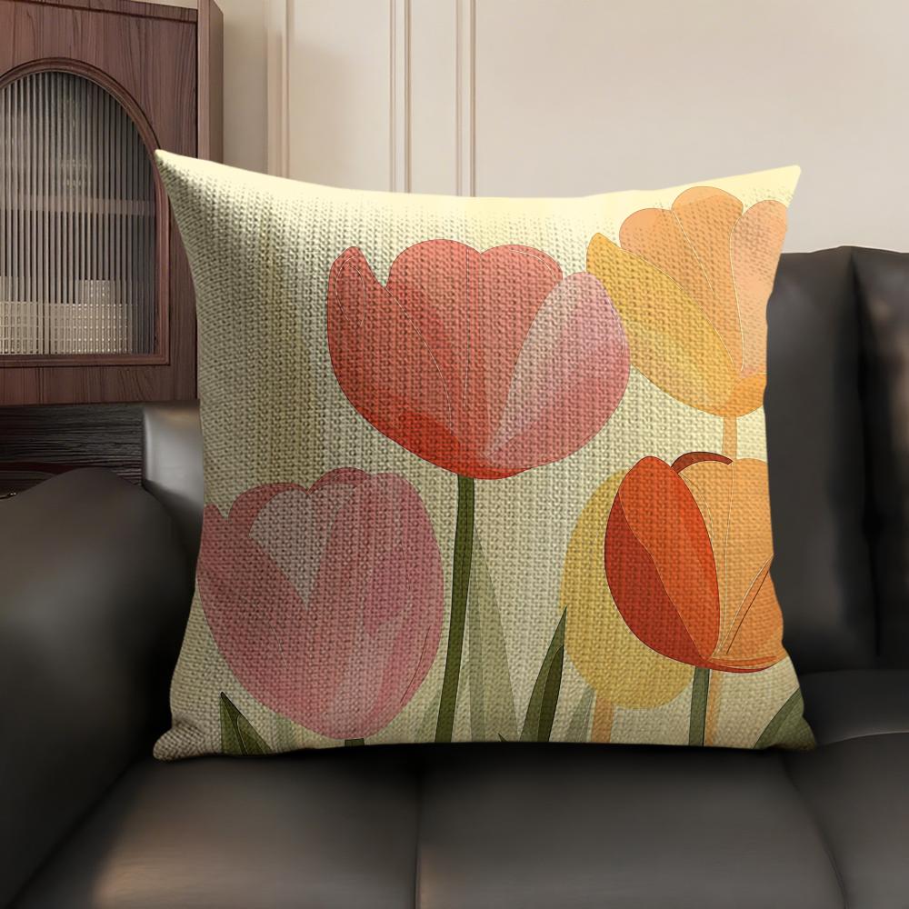 Watercolor Tulip Painting Cushion Cover Natural Linen Organic Fabric DoubleSided Printing Sofa Home Decor Gift Pillow Case