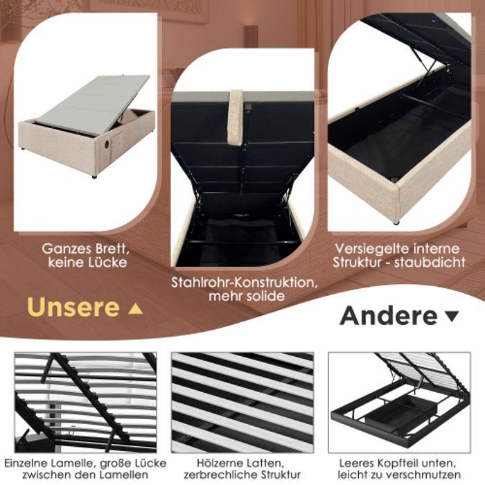 Lit 90x200 cm - MUVOE - Rembourré - USB-C - Lin - Bois massif