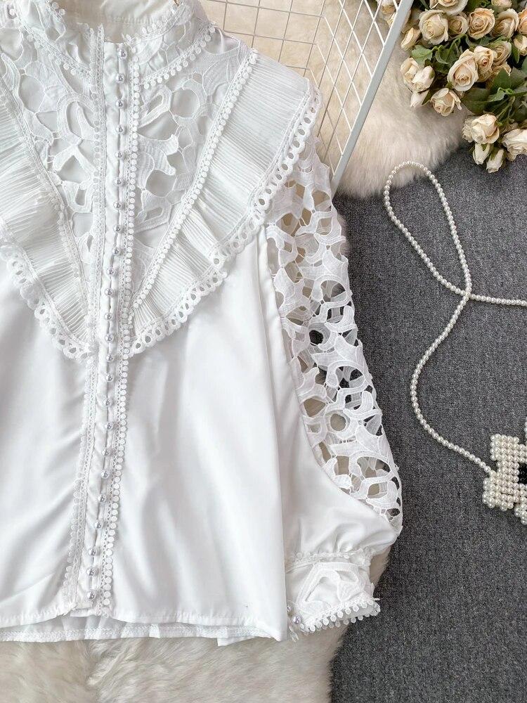 Винтажная блузка в стиле суда для женщин, с воланами, ажурные кружевные лоскутные рубашки с длинными рукавами-фонариками, женские блузки, Прямая поставка