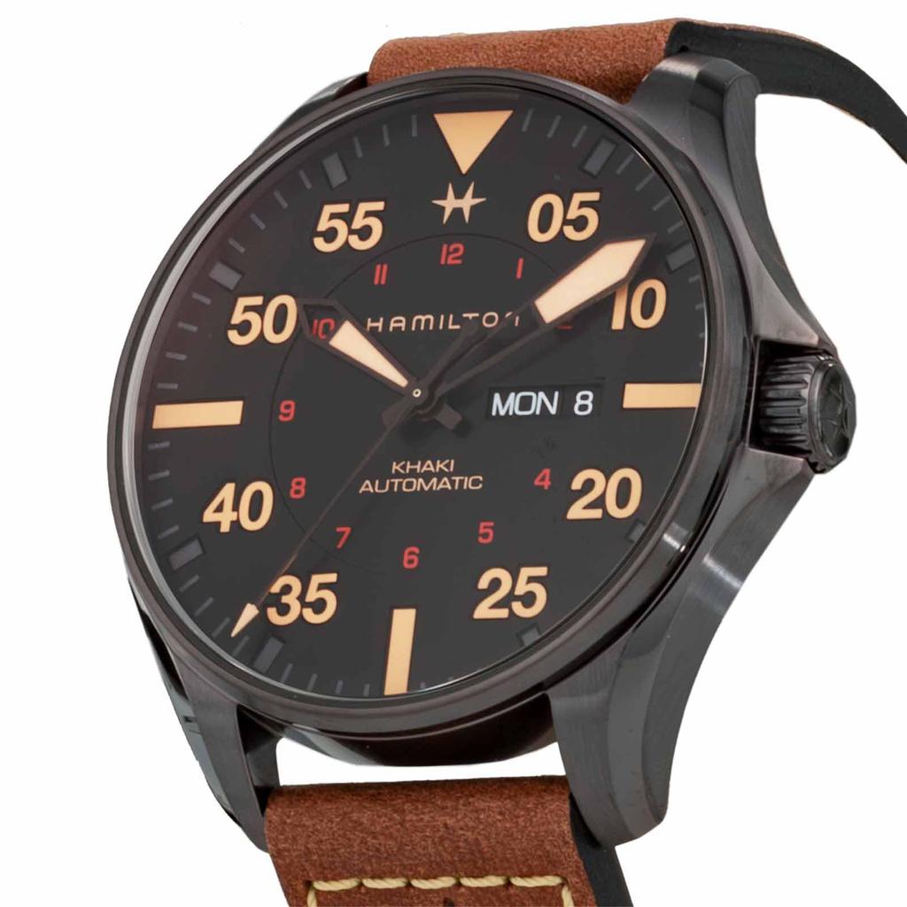 Часы Khaki Aviation Pilot Day Date Auto Khaki Aviation Черный циферблат Нержавеющая сталь Сапфировое стекло Автоматические 46 мм Швейцарские брендовые часы H64705531 Коричневый