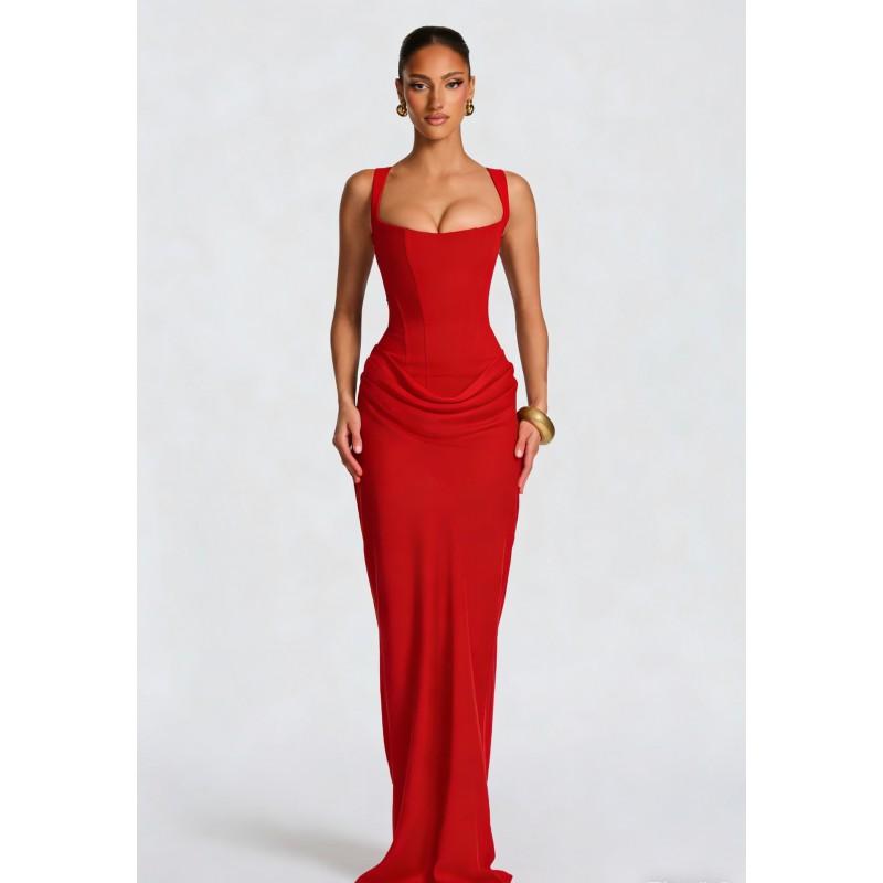 Womens Slim Fit Sleeveless Long Dress With Corset Detail Elegant Casual Midi