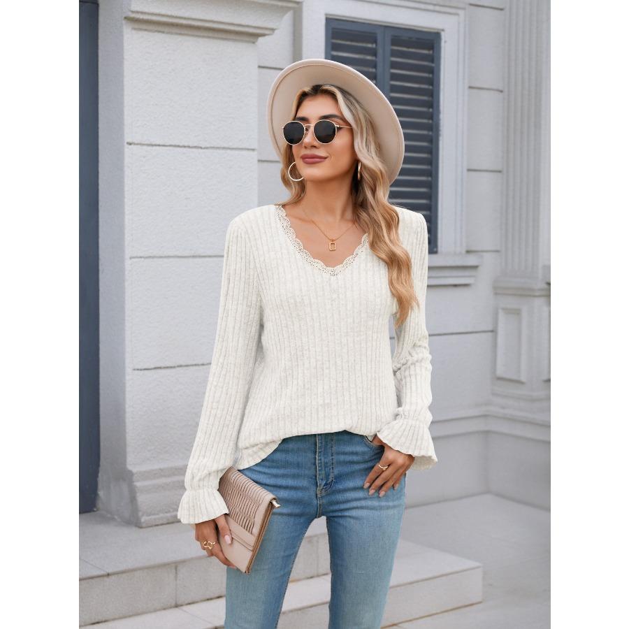 Женская осенняя однотонная ребристая трикотажная базовая рубашка повседневная теплая зимняя кружевная V-образная горловина с длинными рукавами пуловер