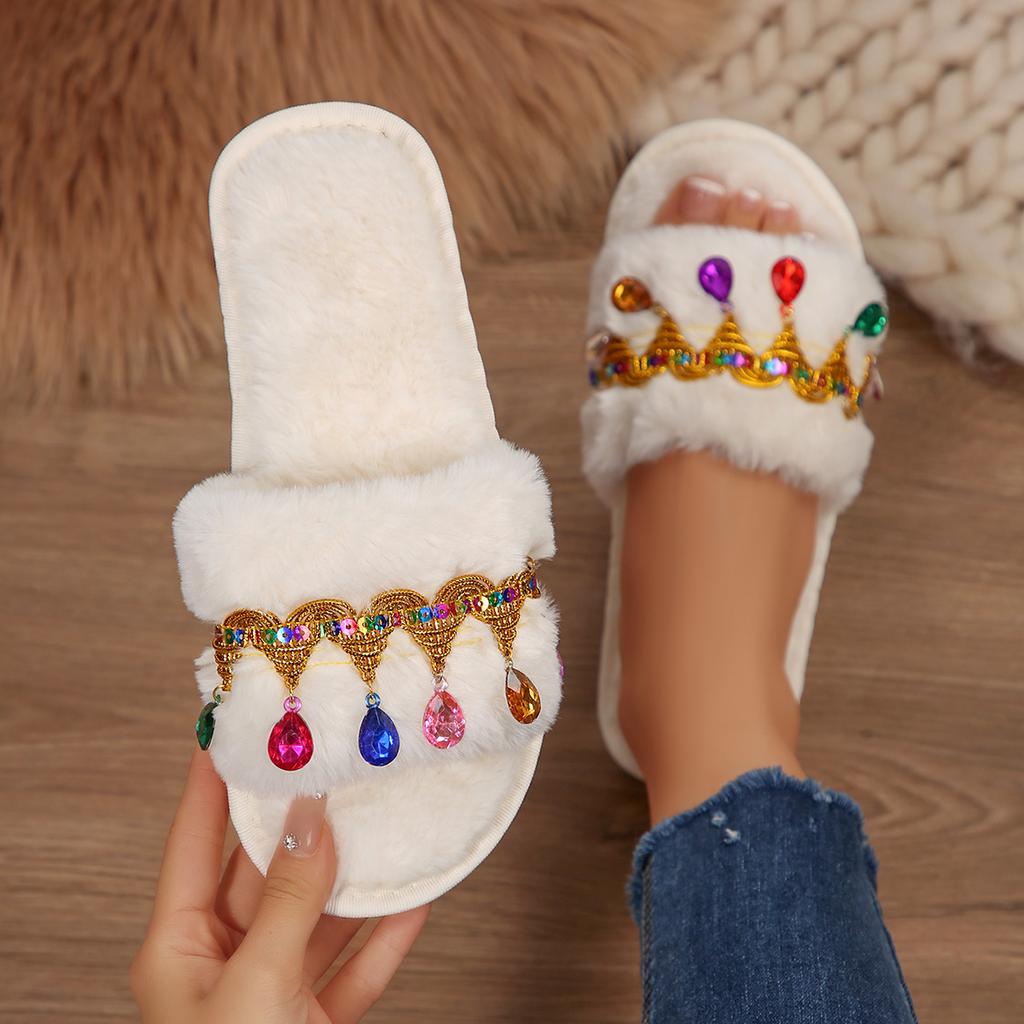 Fashion Bohemia Rhinestones Tassel Furry Indoor Slippers Women 2025 Winter Warm Short Plush Non Slip Home Slippers White Cotton Slides