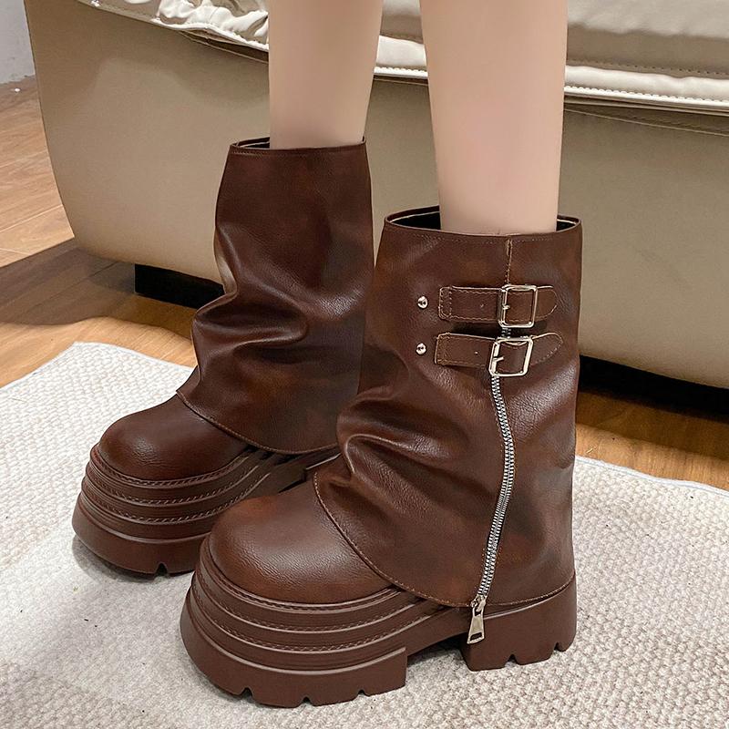 Fashion Women High Platform Ankle Boots Autumn Winter Gothic Style Leather Shoes Buckle Punk Motorcycle Boots Round Toe Chunky Sneakers