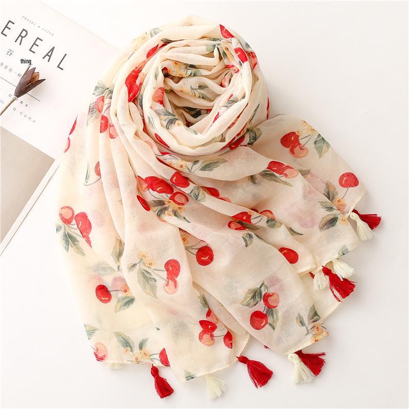 2023 Spring/Summer Sweet Style Cartoon Cherry Cotton Linen Scarf for Women