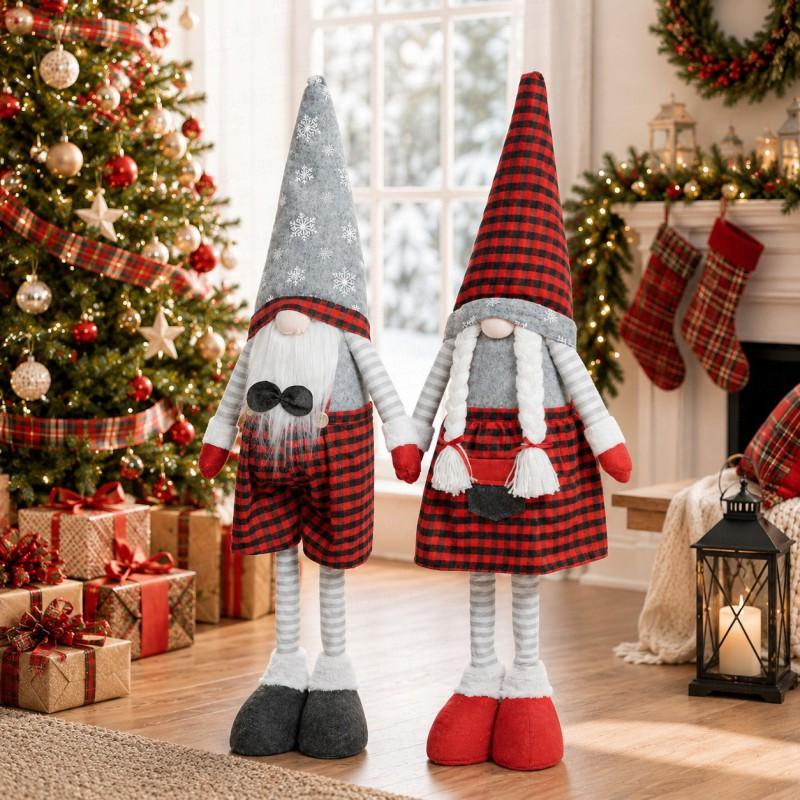 Christmas Black Red Checked Gnome Figurine Adjustable Standing Xmas Decor