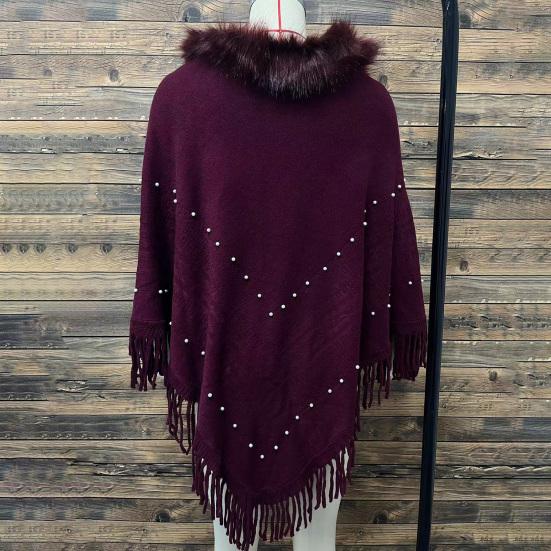 Женский плащ осень-зима с кисточками и бусинами, декор из искусственного меха, треугольной формы, однотонный, сохраняющий тепло, эластичный, пончо, болеро, в стиле бохо, с косами