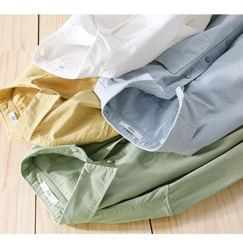 Весна и лето 100% хлопок рубашки с длинным рукавом для мужчин повседневные топы с воротником-лацканом карман однотонные мужские рубашки простой стиль одежды