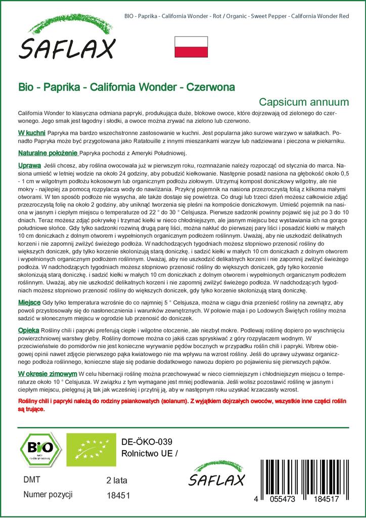 SAFLAX Organic - Sweet Pepper - California Wonder Red - 20 Seeds - Capsicum Annuum