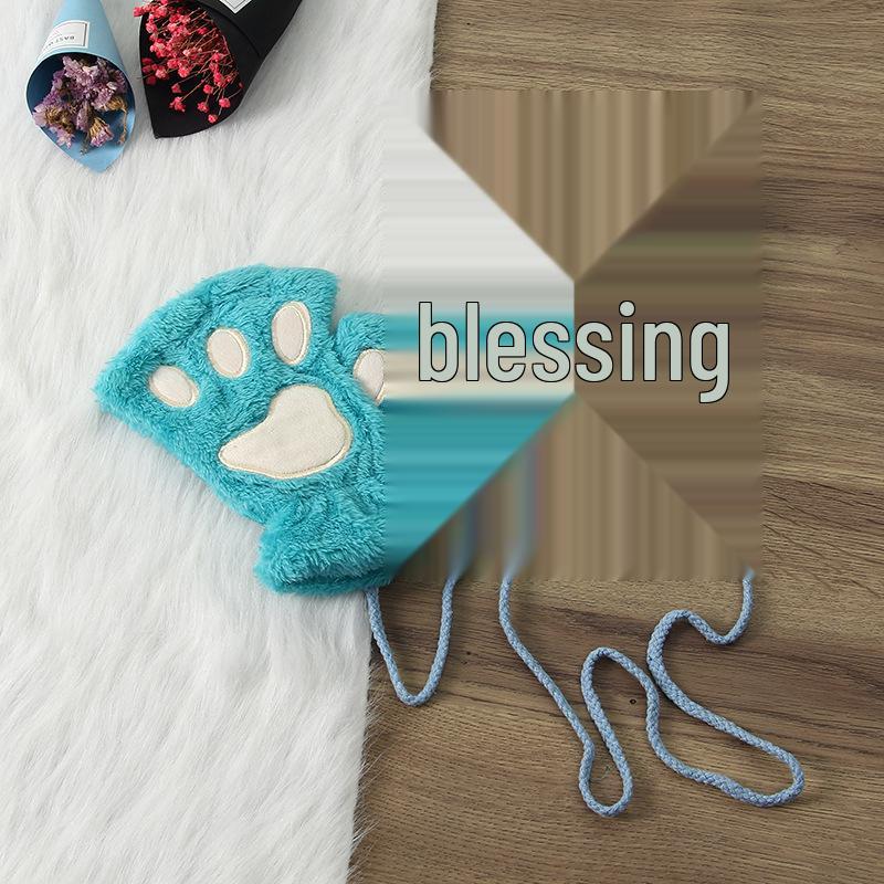 Winter Cute Cartoon Half-Finger Fleece Gloves for Women, Bear & Cat Paw Design.