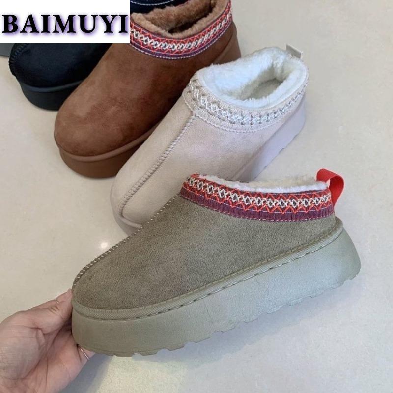 Модные зимние сапоги на платформе с плоскими каблуками Женские меховые тапочки Замшевые хлопковые туфли Женская зимняя обувь 2025 года Трендовые теплые плюшевые ботильоны Повседневные меховые шлепанцы
