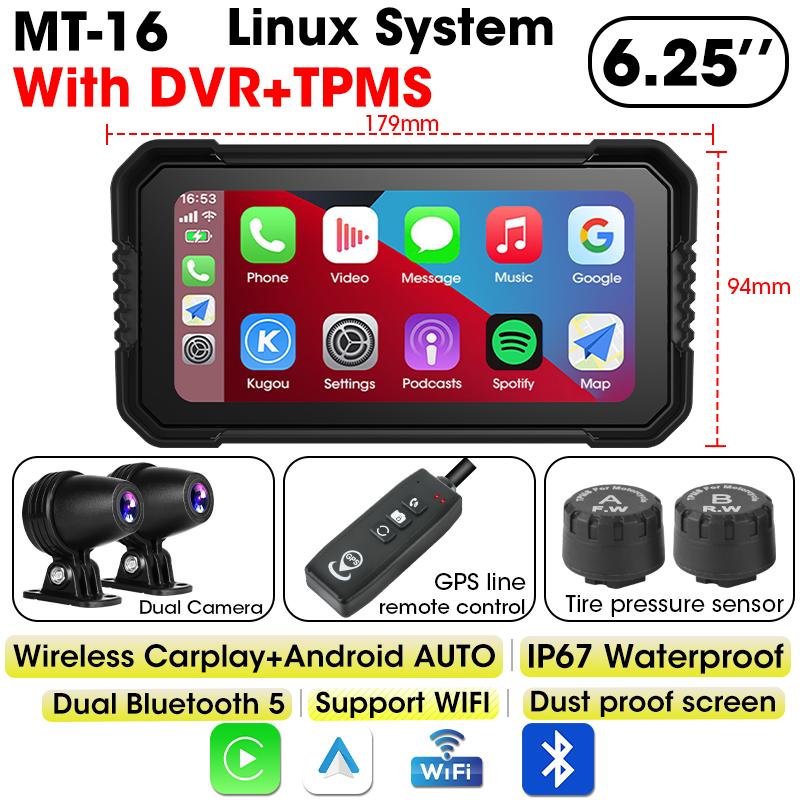 6,25-дюймовый мотоциклетный навигационный видеорегистратор беспроводной CarPlay Android Auto IP67 водонепроницаемый двойной Bluetooth Moto дисплей экран портативный