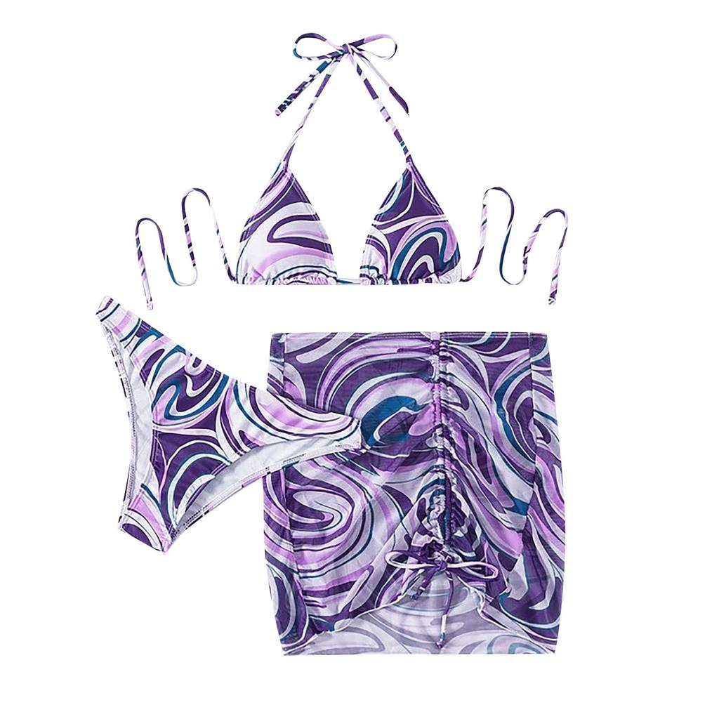 Женский летний модный сексуальный фактурный принт с открытой спиной и шнуровкой на талии, плиссированный завязывающийся бикини, купальник из трех частей