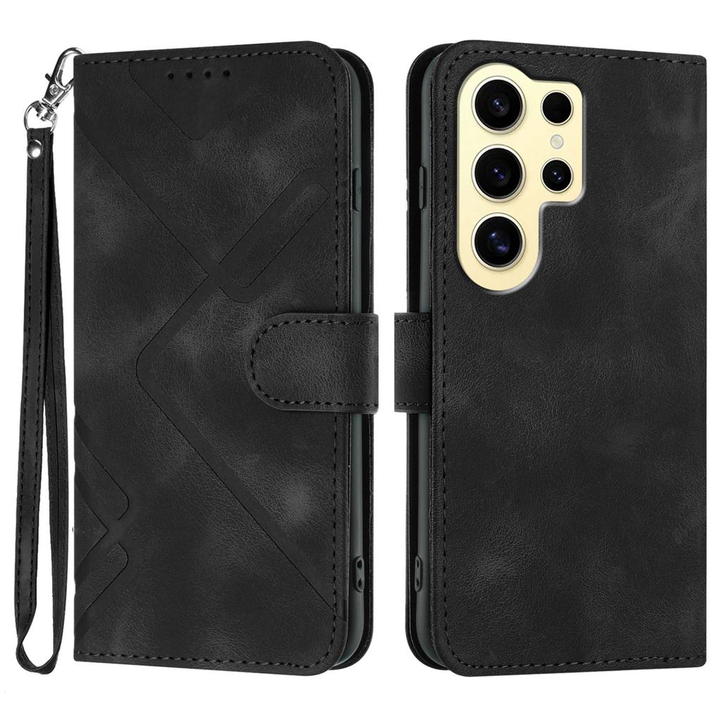 For Samsung Galaxy S24 Ultra Wallet Case Line Imprinted PU Leather Phone Cover with Strap