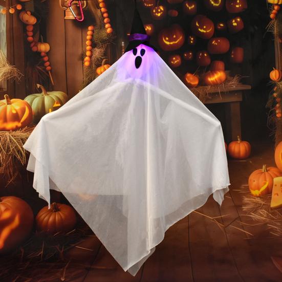 Хэллоуин Подвесные Светящиеся Призраки Уличный Летающий Белый Тканевый Призрак в Шляпе Ведьмы для Переднего Двора Патио Газона Сада Веранды Внутреннее Наружное Украшение