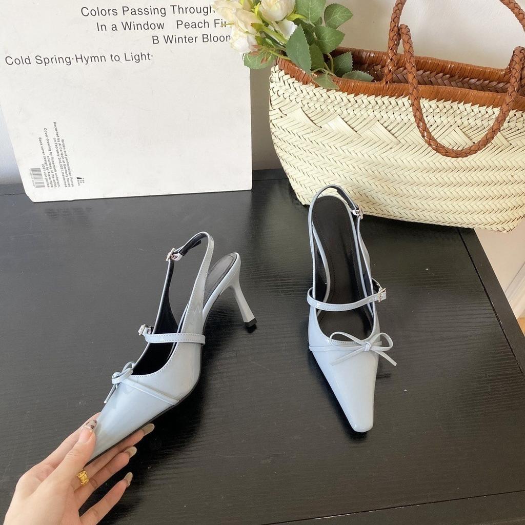 2025 весна французские сандалии с заостренным носком бант сумка на голову женские тонкие каблуки неглубокий носок высокие каблуки одно слово с темпераментом одиночные туфли