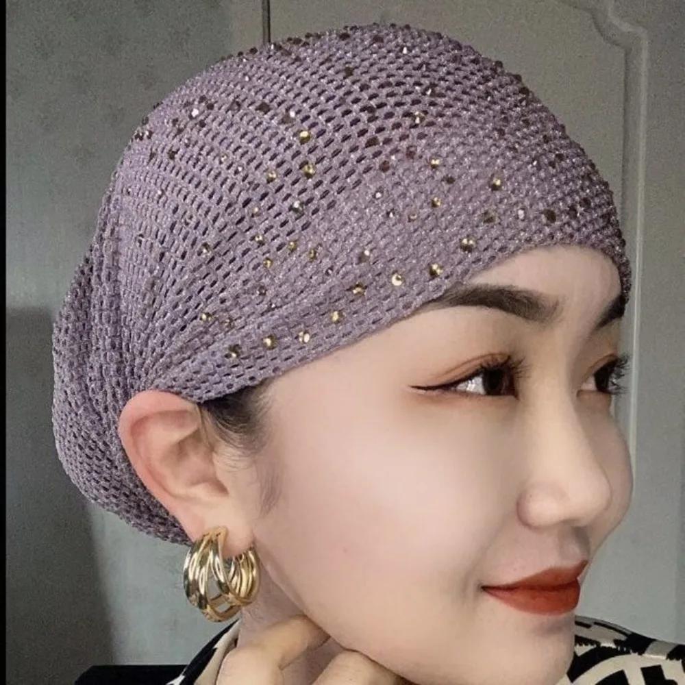 1pc New Full Cover Bonnet Hat Elastic Breathable Headscarf Cover White Hair Rhinestone Headwear Gift