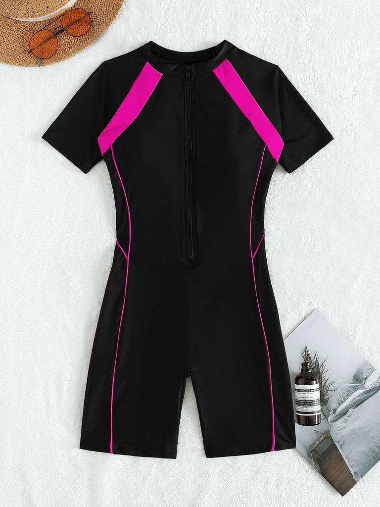 Женский слитный купальник с короткими рукавами и молнией на 2024 год для серфинга и пляжной одежды
