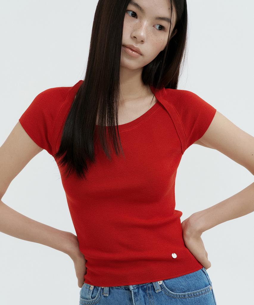LUCIR ZU Boatneck Bolero Knit Top (Red)