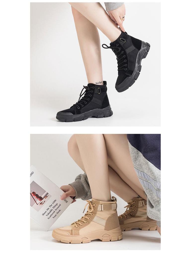 Трендовые женские парусиновые ботинки-платформы в стиле рыцарских ботинок на весну 2024 года - Универсальный корейский кампусный стиль