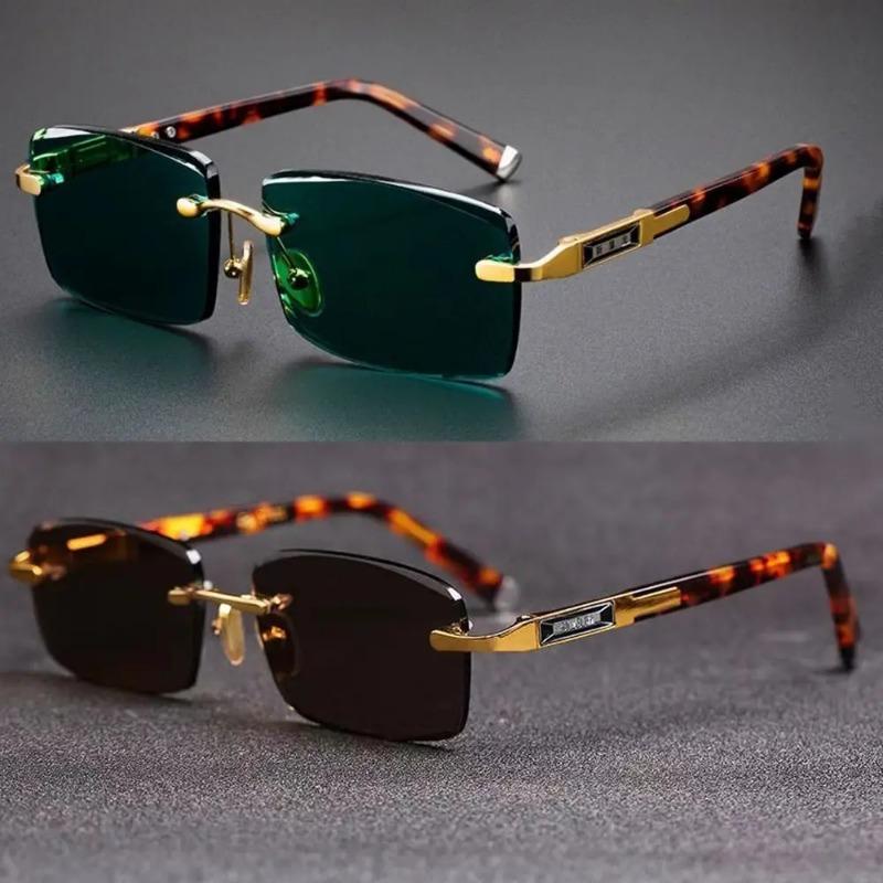 Retro Frameless Men'S Driving Sunglasses Green Crystal Stone Cycling Goggles Leopard Print Outdoor Sun Glasses Uv400 Eyewear