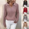V Neck Turn-Down Collar Long Sleeve Knitted Sweater Autumn Winter Solid Color Slim Sweater Jumper Female Clothing