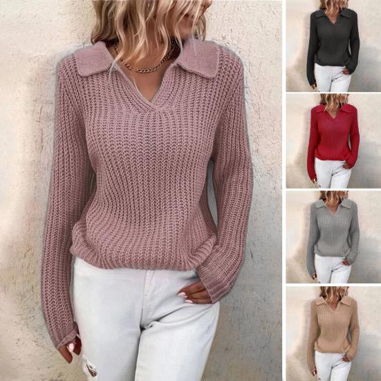 V Neck Turn-Down Collar Long Sleeve Knitted Sweater Autumn Winter Solid Color Slim Sweater Jumper Female Clothing
