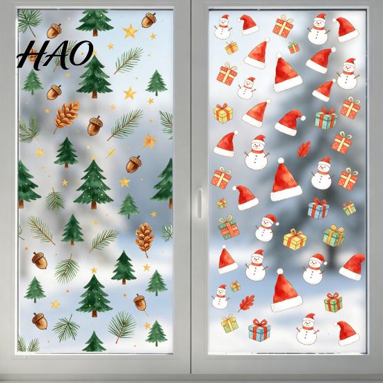 Christmas Window Cling Static Cling, Xmas Tree Snowman Santa Hat Bell Waterproof Glass Sticker, Removable Reusable Decoration Decal for Holiday Party
