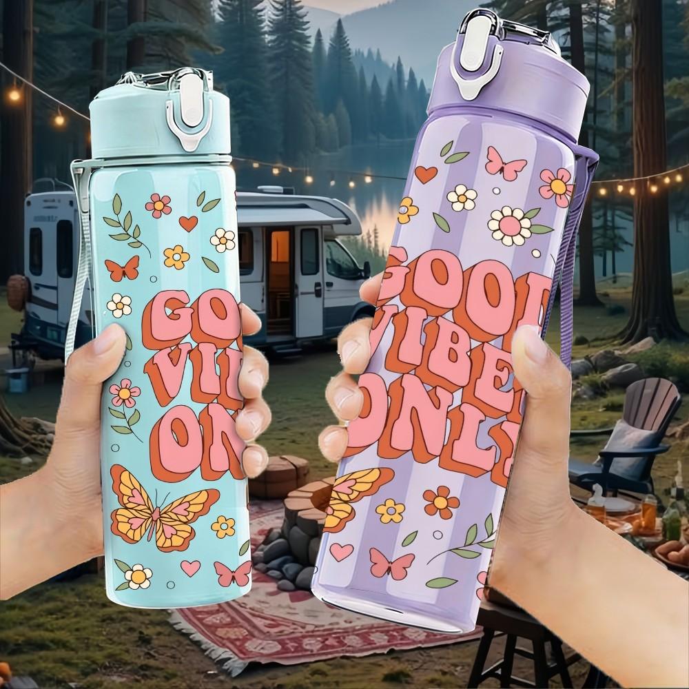 1PC Good Vibes Only Retro Floral Lettering Print 750ml Color Plastic Sports Water Bottle Leakproof Flip Straw Lid Suitable for Sports Office Home Use