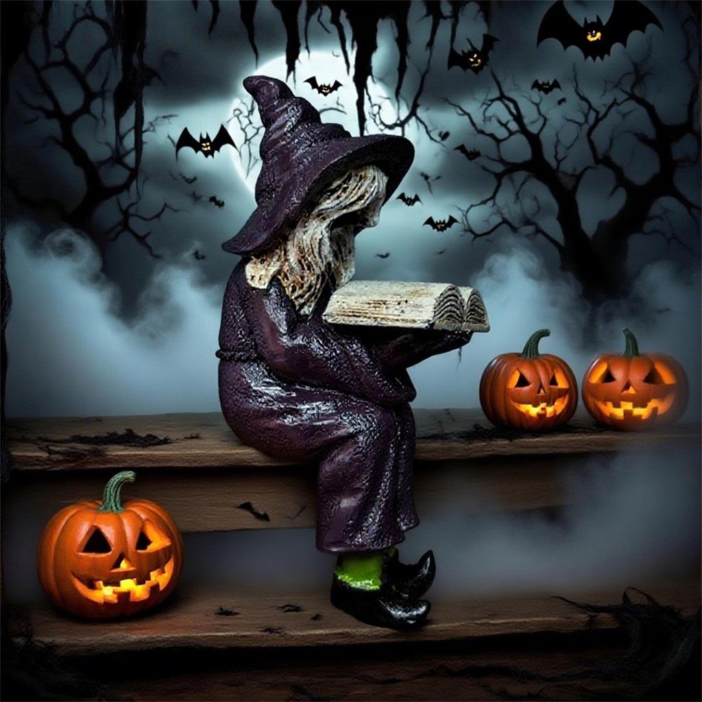 Halloween Witch Reading Book Resin Statue Ornaments, Handicraft Home Decoration Desktop Ornaments Gift